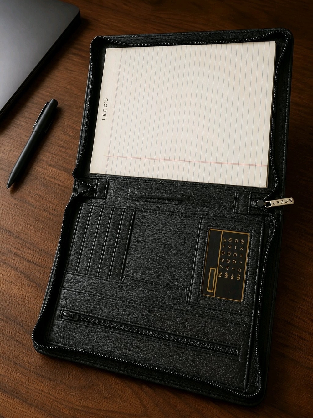 Leeds Black Zippered Leather Padfolio Organizer